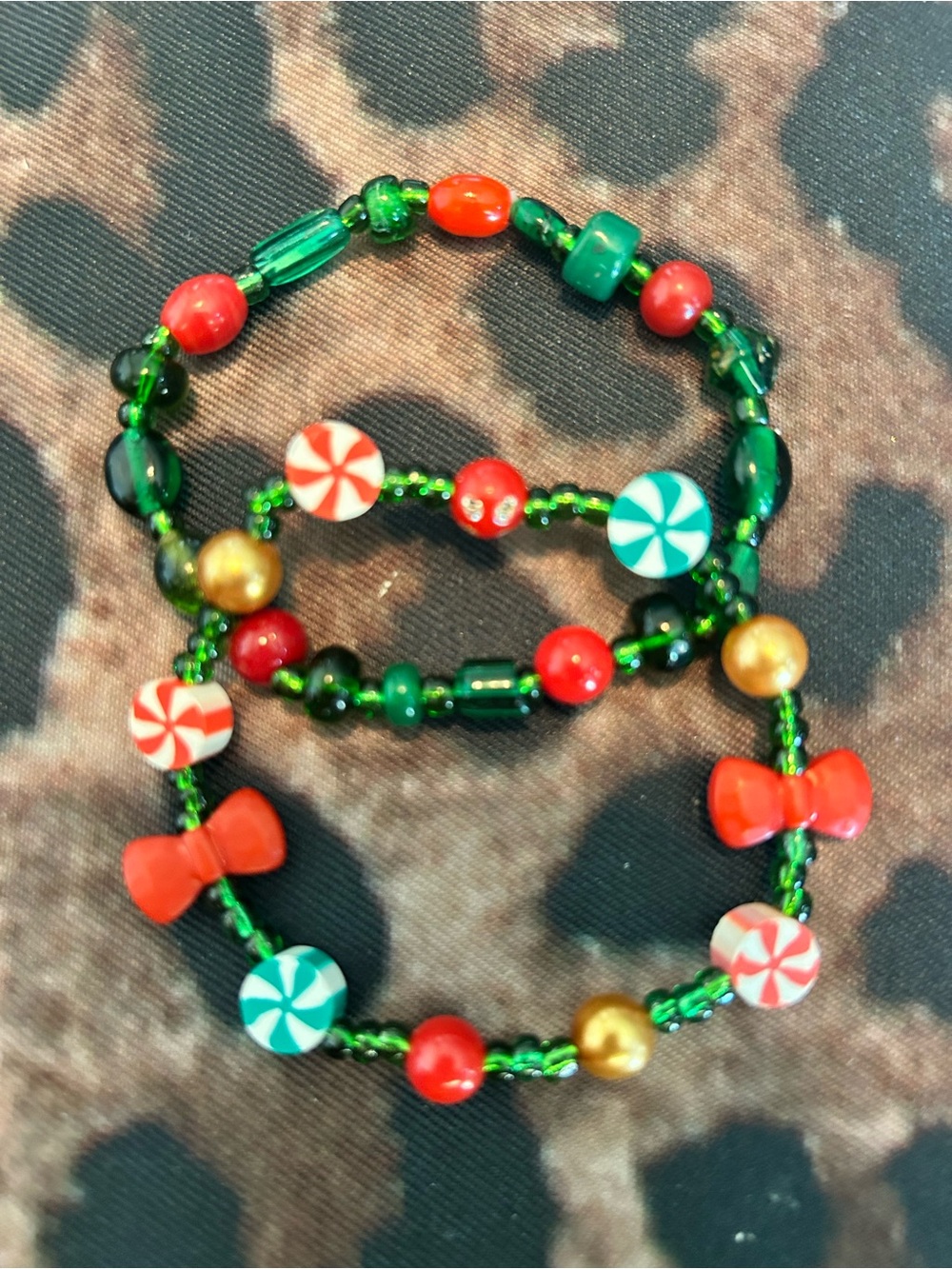 Hand Crafted Green, Red & Gold Beaded Bracelet Set